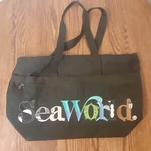 Vintage Sea World Tote Bag Black Animal Spellout Zip Pocket